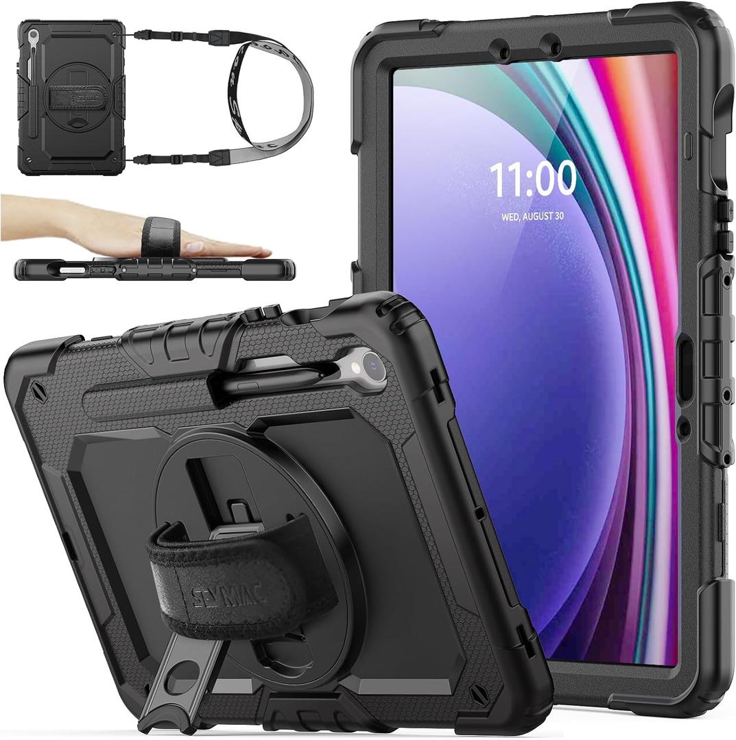 SEYMAC Stock Case for Samsung Galaxy Tab S10 Lite / S10 FE / S9 FE 5G / S9 Tablet Case 10.9''/ 11'' Protective with Screen Protector, Pen Holder, 360 Rotate Stand, Hand Strap, Shoulder Strap, Black
