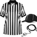 Geyoga 4 Pcs Men's Official Referee Costume Set Black and White Stripe Referee Shirt Hat Whistle Lanyard for Carnival(L)