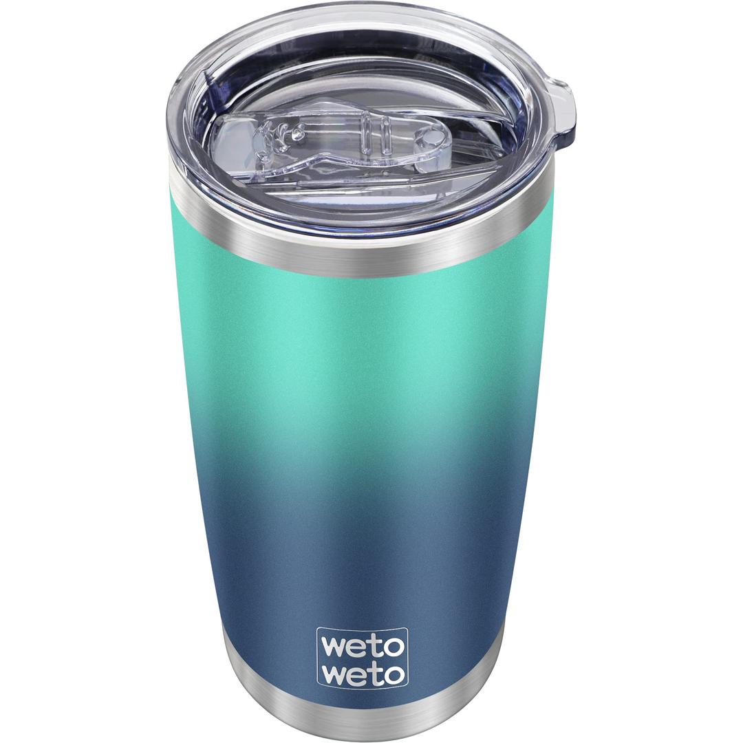 WETOWETO 20oz Insulated Stainless Steel Tumbler, Coffee Mug with 2 Lids and 2 Straws, Vacuum Sealed, Leak-Proof for Travel (Green-Blue Gradient, 1 Pack)