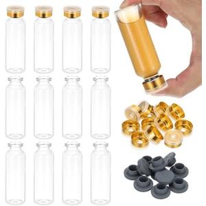 PATIKIL 12pcs 30ml Clear Borosilicate Glass Sample Vials with Aluminum Plastic Cap and Rubber Stopper for Lab Solid Liquid Powder Storage, Gold Plating