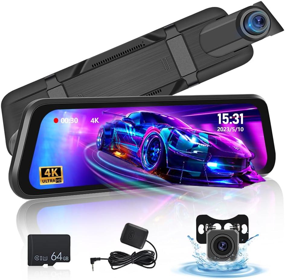 9.66 Inch Rear View Mirror Camera - 4K Mirror Dash Cam Front and Rear with 1080P Rear Camera - Full Touch Screen Mirror Camera for Car with WiFi&APP Control Parking Monitor Night Vision + 64GB Card