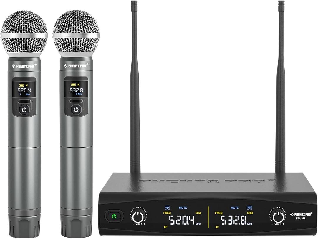 Phenyx Pro Wireless Microphone System, Metal Wireless Mic Set, Handheld Cordless Dynamic Microphones for Singing, Karaoke, Church, 2x30 UHF Tunable Frequencies,200 ft Range (PTU-52-2H)