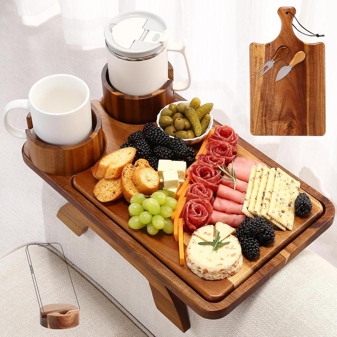 Couch Arm Table 4-in-1 with Cheese Board, Rotating 2 Cup Holders & Phone Stand & Knife Fork Removable,15.7"x9.8"Acacia Sofa Armrest Tray Clip on Arm Rest for Drinks,Snacks & Remote Control