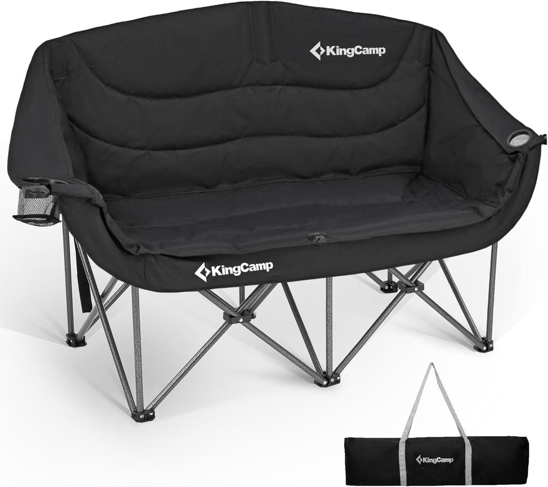 KingCamp Double Camping Chair, Oversized 880lbs Heavy Duty Loveseat for Adults Portable Folding XL 2 Person Couch Padded Comfortable Two Seat with Cup Holder for Outdoor Lawn Backyard, Black
