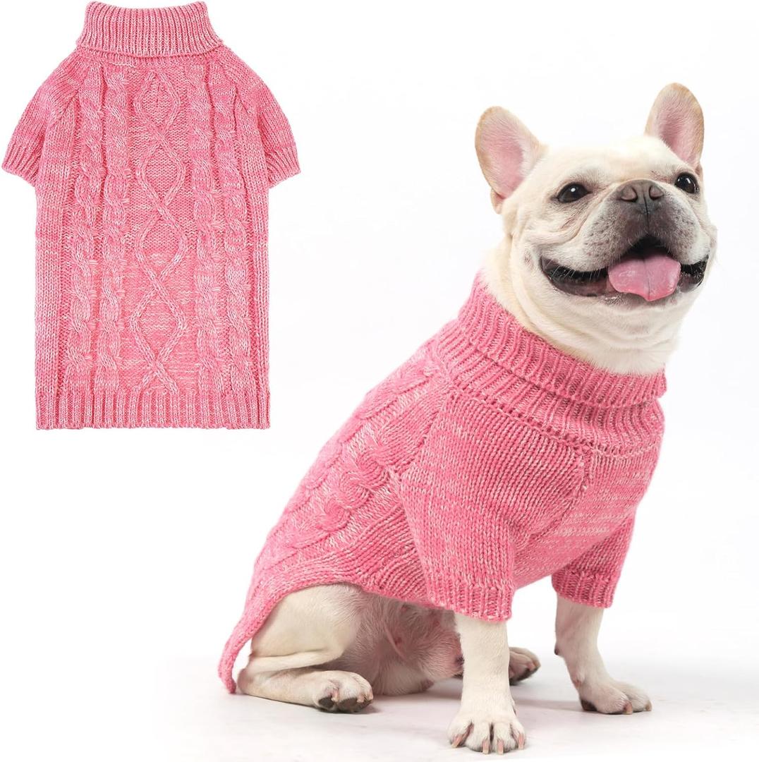 KOOLTAIL Valentines Dog Sweater Turtleneck Cable Knitwear Pet Cold Weather Coats with Leash Hole, Warm Winter Pullover Clothes for Bulldog, Yorkie,Boy Girl, Pink S/M