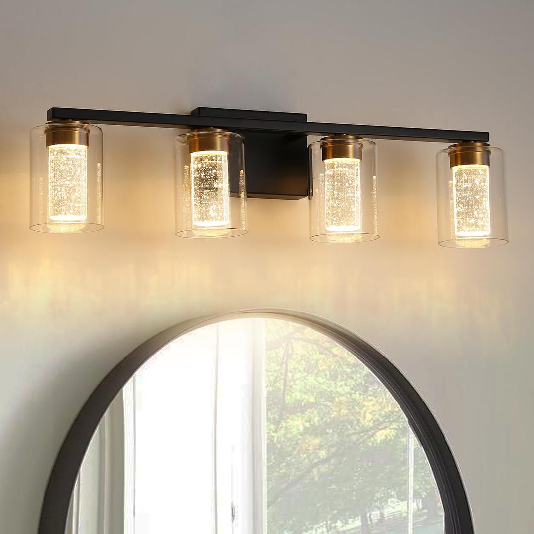 EMONG 4-Light Black&Gold Bathroom Light Fixtures,Dimmable 5CCT LED Vanity Lights with Clear Glass,2700K-6500K Adjustable Crystal Bubble Black Bathroom Vanity Light Over Mirror for Hallway
