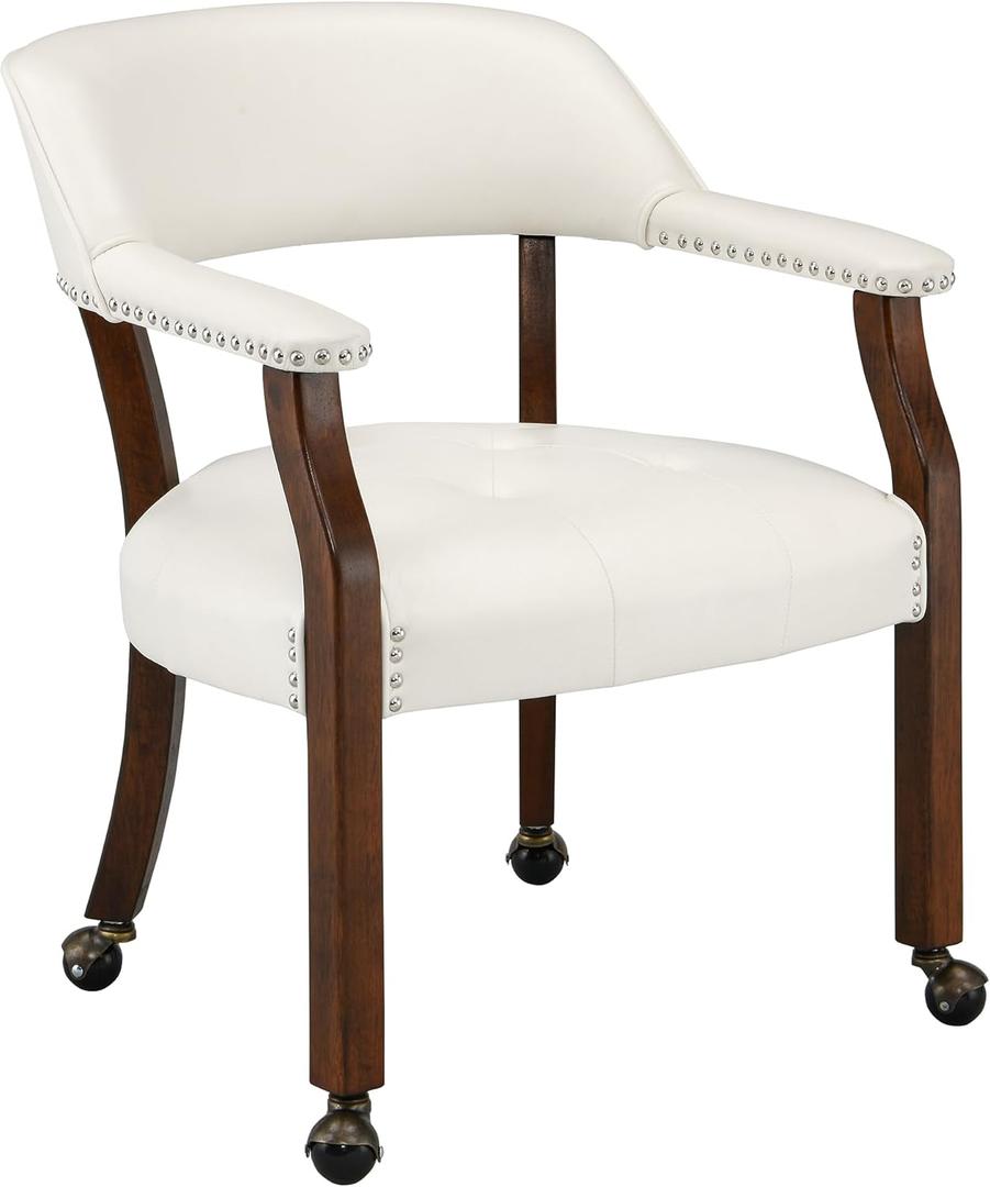 LEEMTORIG Large Dining Chairs with Casters and Arms, Rolling Dining Chairs with Wheels, Accent Game Poker Chairs, Wood Boss Caption's Chairs, 26Dx25.2 Wx31.5H, Cherry Legs & Ivory PU, SY-1533-WT