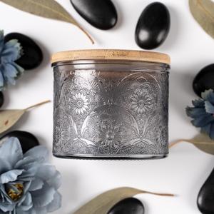 Art Secret 10 oz Embossed Glass Candle Container with Bamboo Lids and Labels, Gray Candle Jars for Making Candles, Mandala Design - Pack of 9