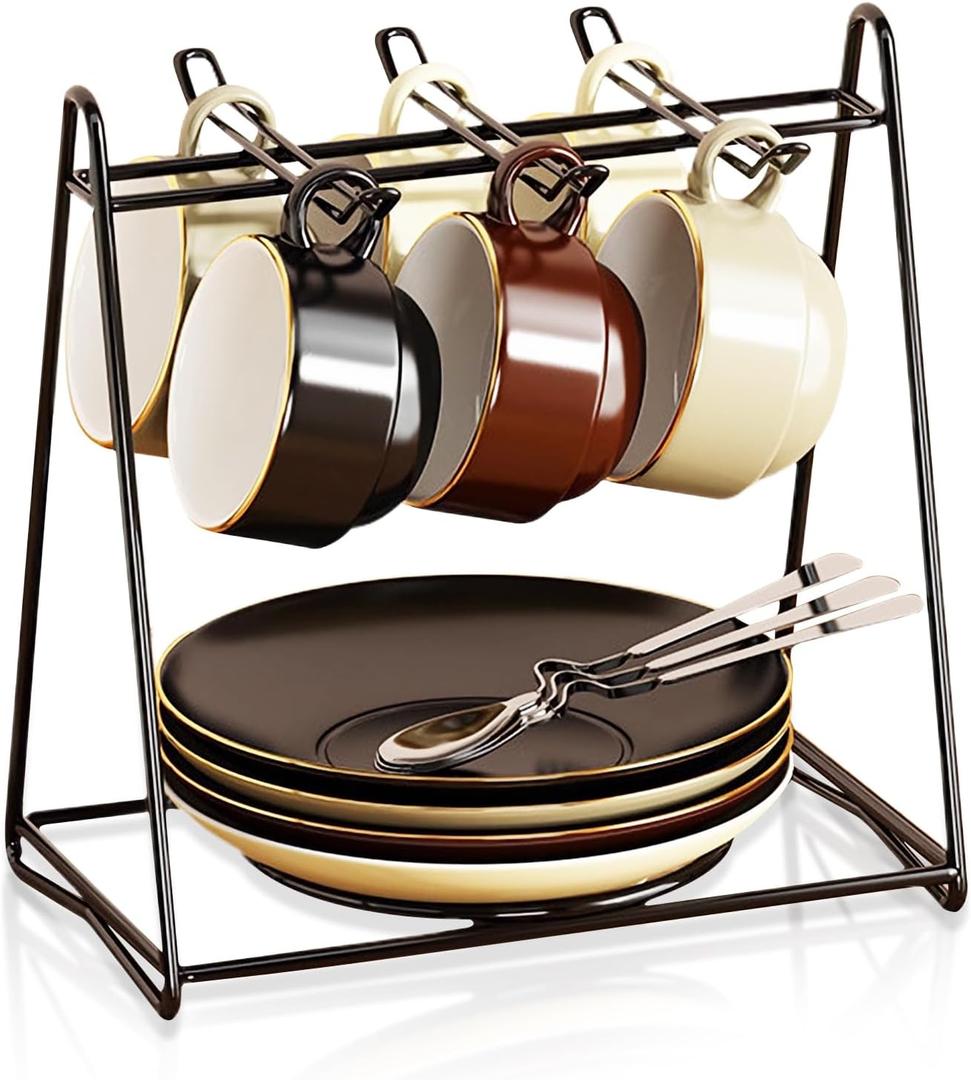 Tea Cups and Saucers Holder,Black Metal Coffee Cup Tea Cups Rack,Organizer for Coffee Cup Spoon and Saucers