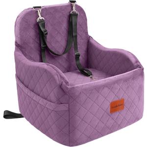 Dog Booster Car Seat for Small/Medium Dogs,Puppy Portable Car Bed with Elevated Cushion,Fully Detachable and Washable,2 Storage Pockets,Easy to Install (Purple, Medium)