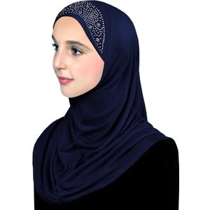 Aiyah Hijab Scarf Big Girls/Kids Pre-teen Headscarf one piece Junior Muslim Amira with Rhinestones (Navy Blue)