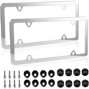 Fashion 4 Holes Slim Polish Mirror License Plate Frames,Stainless Steel License Plate Cover,Weather Proof License Plate Holder(4 Holes Super Slim Silver,2PCS)
