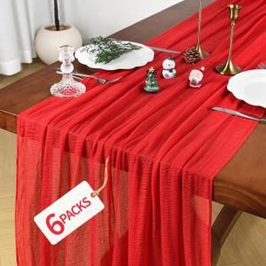 6 Pack Red Christmas Cheesecloth Table Runner 120 Inch Rustic Boho Cheese Cloth 10Ft Sheer Gauze Table Runner for Wedding Decor Birthday Baby Shower Holiday Party Home Decorations