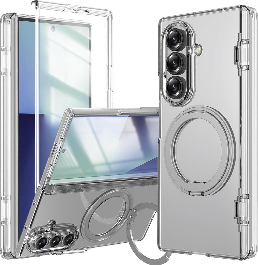 For Samsung Galaxy Z Fold 7 Case with Ring Holder Stand, Z Fold7 Magnetic Case Compatible Magsafe Accessories Screen Protector Hinge Cover Full-Body Slim Phone Case for Z Fold 7 Clear