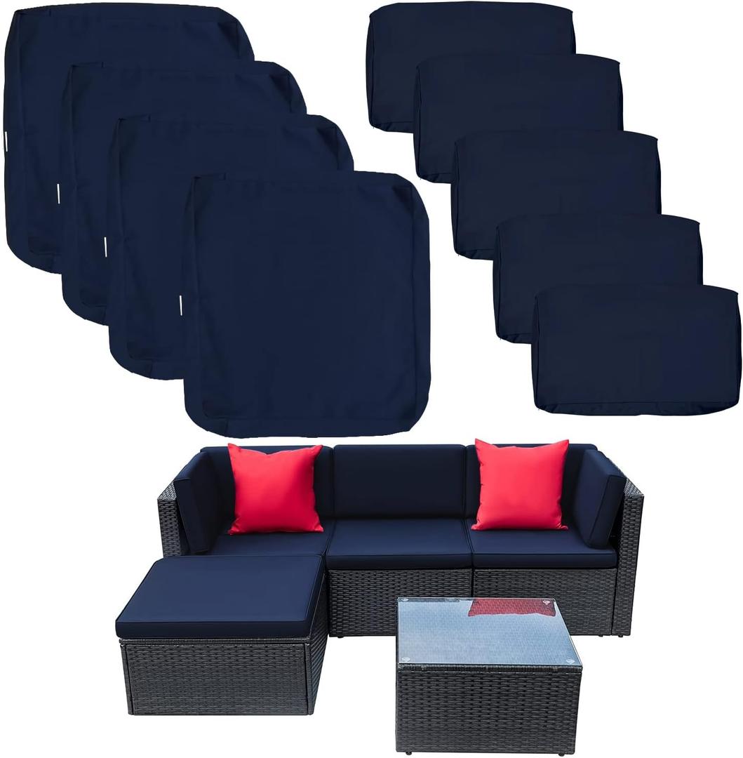 9 Pack Patio Cushion Covers Set Outdoor Furniture Cushion and Pillow Cover Replacement Fit for 5 Pieces 4-Seater Wicker Rattan Patio Sectional Sofa Chair Couch Set,Navy-Cover Only (Large)