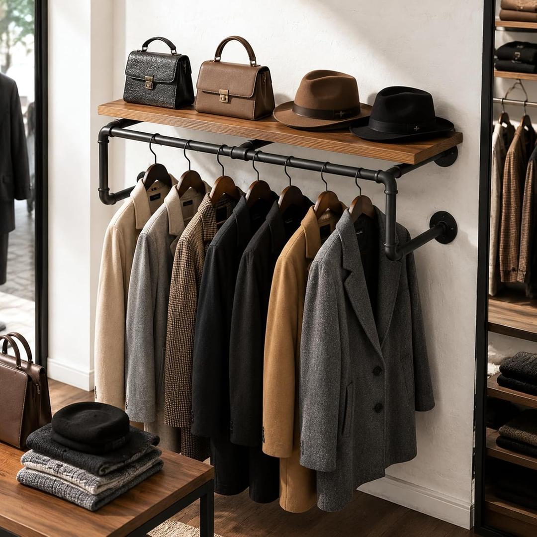 48 Inch Industrial Pipe Wall Clothing Rack with Shelves, Solid Wood, Black