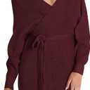 ZESICA Women's Fall Long Batwing Sleeve Wrap V Neck Knitted Backless Bodycon Pullover Sweater Dress with Belt,Wine,Medium