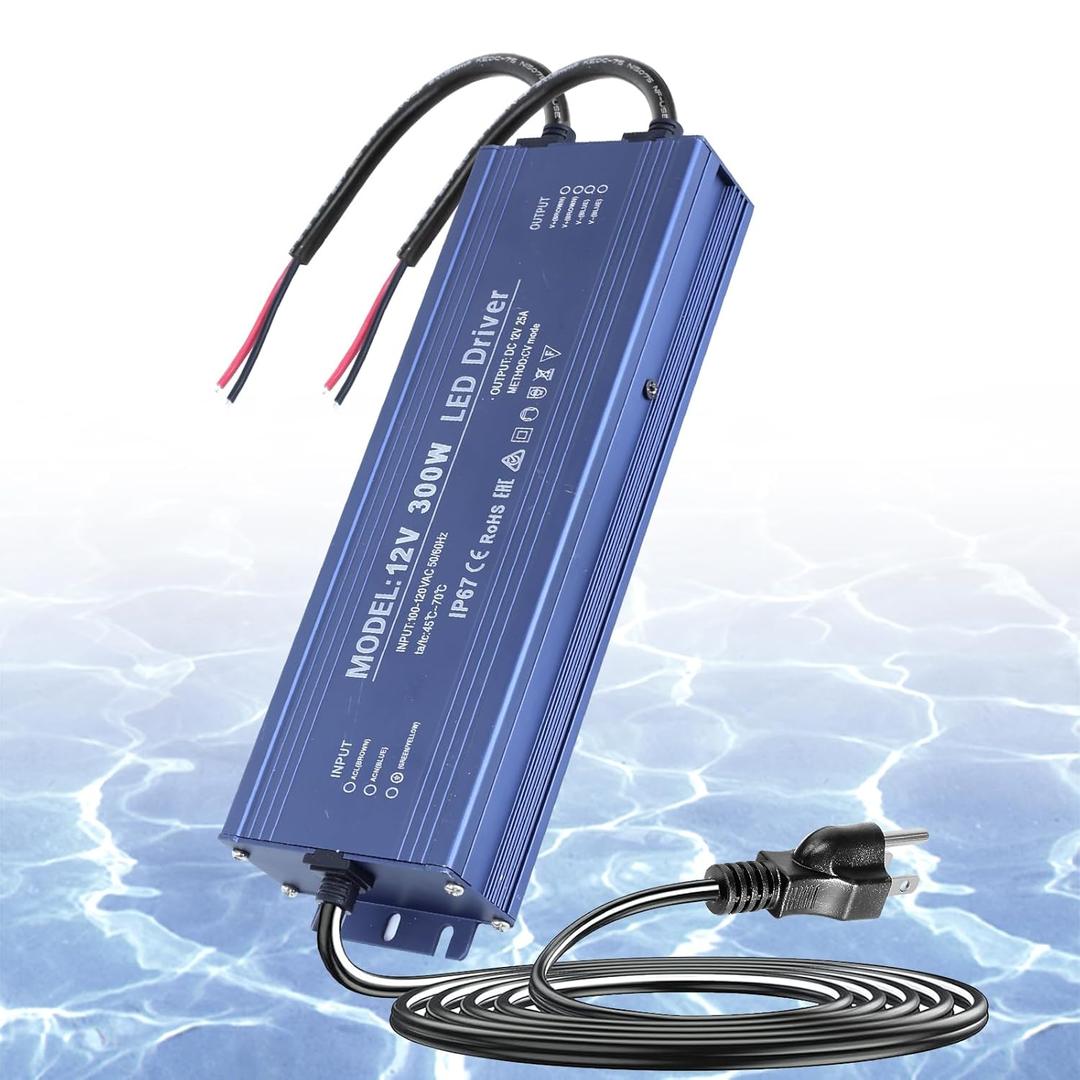 SUCIKORIO 12V 300W Ultra Slim LED Transformer 100-120V AC to 12V DC 25A Quiet Low Volt LED Driver Constant Voltage Driver Adapter, IP67 Waterproof for Indoor & Outdoor