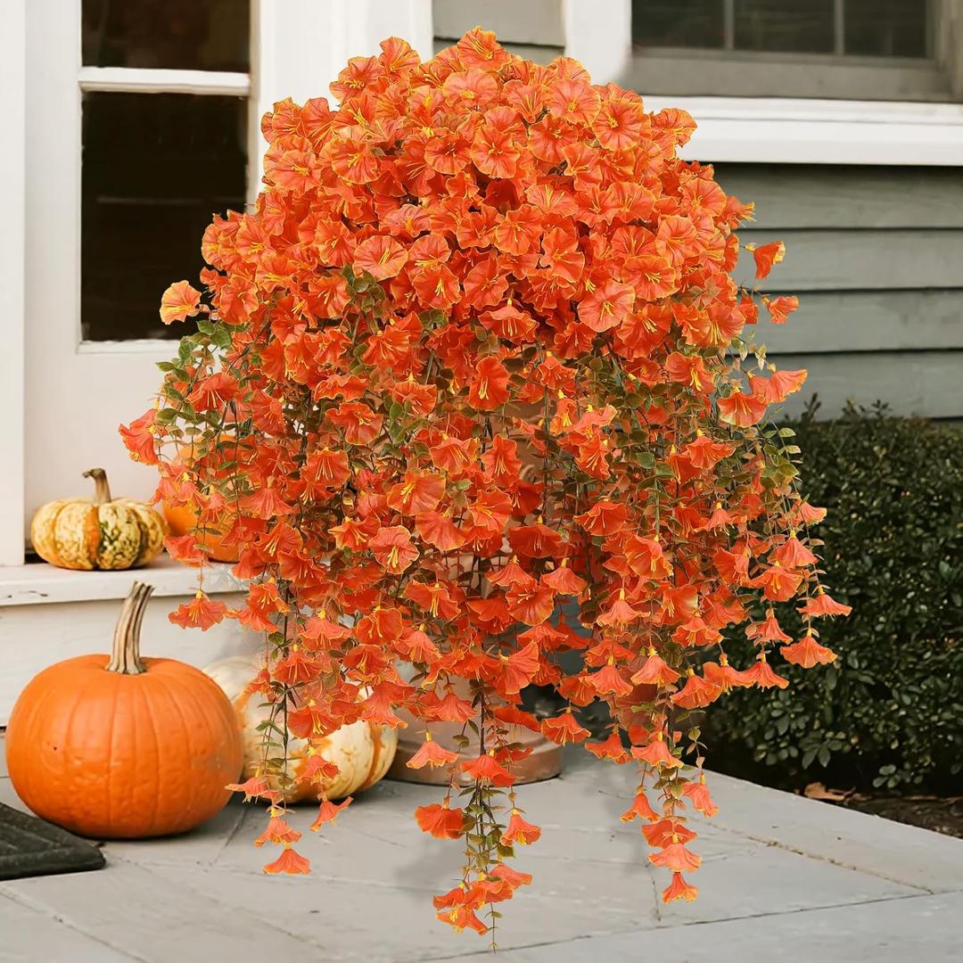 2 x 2pcs Fall Flower for Outdoor Decoration Faux Hanging Flowers UV Resistant Artificial Morning Glory Plants for Autumn Outside Planter Porch Patio Balcony Yard(Orange)