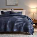 PALASSIO Striped Navy Blue 100% Cotton Quilt California Cal King Size Bedding Sets, Oversized Lightweight Channel Pick Stitch Textured Bedspread Soft Farmhouse Country Coverlet for All Season, 2 Shams