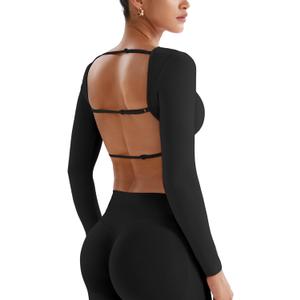 YEOREO Women's Backless Long Sleeve Adjustable Straps Seamless Crop T-Shirt (XS, Black)