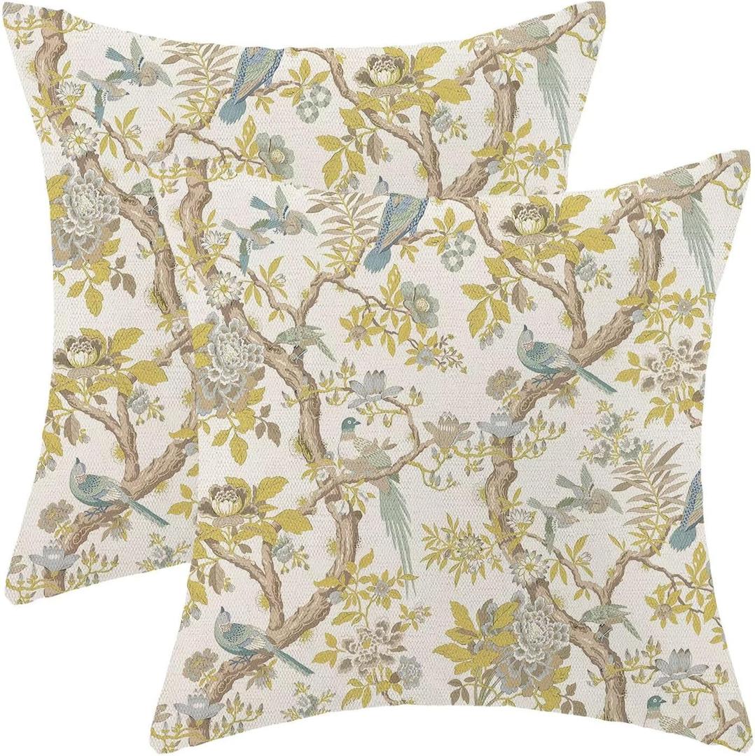 Chinoiserie Tree Throw Pillow Covers 18x18 Set of 2 Neutral Bird Tree Decorative Pillow Covers Branch Decoration Outdoor Cushion Cover Yellow Floral Pillowcase for Sofa Couch Farmhouse (Tree2)