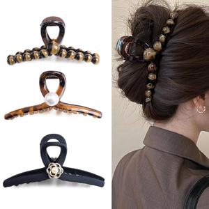 Elegant Pearl Hair Claw Clips for Women Thick Hair, Set of 3, Brown & Black (Large 5 Inch)