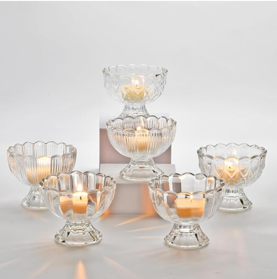 Tealight Candle Holder Set of 6, Clear Glass Tealight Holder with White Tealights, Candle Holder for Tea Lights/Pillar Candles, Table Decoration, Wedding, Birthday, Individual Candle Creations
