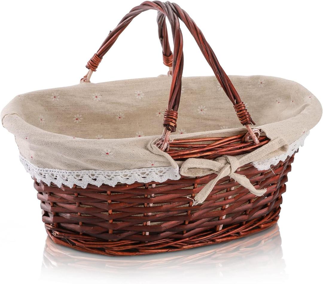 Dicunoy Wicker Basket with Handle, Picnic Baskets with Liner, Empty Gift Gardening Baskets for Harvesting, Willow Organizer Storage Basket for Fruit, Candy, Wine, Gathering, Wedding
