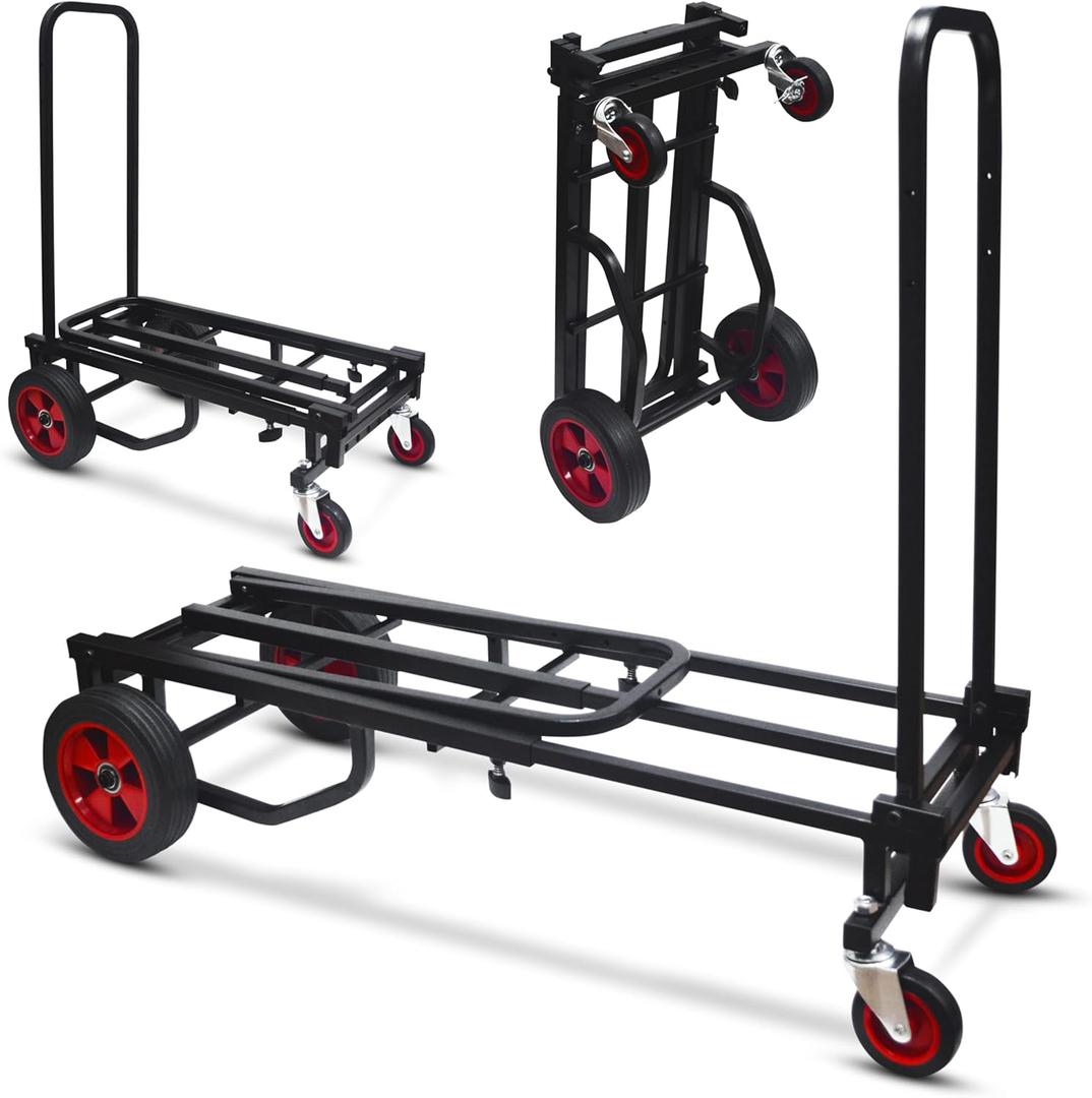 Pyle Compact Folding Adjustable Equipment Dolly - Heavy Duty 8-in-1 Convertible Cart Hand Truck/Dolly/Platform Cart with R-Trac Wheels - Expandable Up to 27.52'' to 44.25'' - 300 LBS MAX LOAD CAPACITY