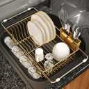 MAJALiS Gold Dish Drying Rack Over The Sink with Utensil Holder, Mat (For 11.5"-16" W Sink with Cup Holder)