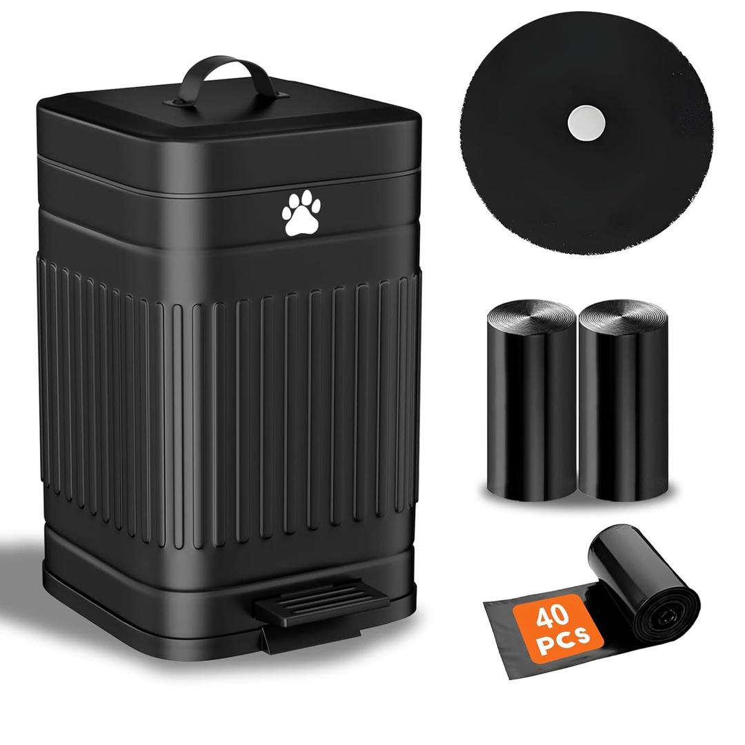 Dog Poop Trash Can Outside, 5L/1.3Gal Metal Dog Waste Trash Can with Lid, Foot Pedal, Pet Waste Container with 40 Bags, Poop Bucket with Lid Soft Close for Pet, Black