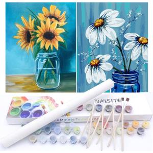 2 x BAISITE Paint by Numbers Kit for Adults Beginners,12" Wx16 L 2 Pack Canvas for Painting Kits for Adults in Colorful Box-Daisy and Sunflowers 0304