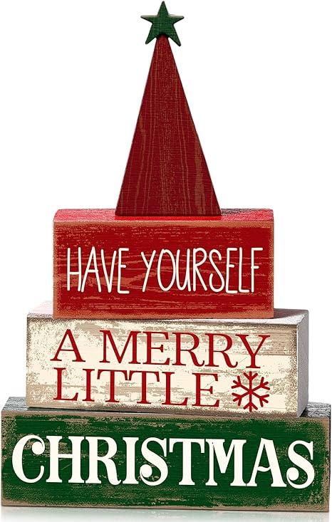 4 Pcs Christmas Decor Wooden Christmas Tree Winter Tiered Tray Decor Xmas Table Centerpiece Rustic Decorative Tree Block Signs Gift Farmhouse Winter Table Decoration for Home Kitchen