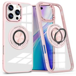 for iPhone 16 Pro Case with Glass Screen Protector + Case Clear [Compatible with MagSafe] with Metal Stand Ring Phone Cover iPhone16Pro Case Transparent (iPhone 16 Pro, Pink)