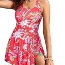 Kate Kasin 2 Piece Tankini Swimsuits for Women Tummy Control Split Swimdress Skirt Ruched Modest Bathing Suits with Boyshort（Red-White Flower Print XL）