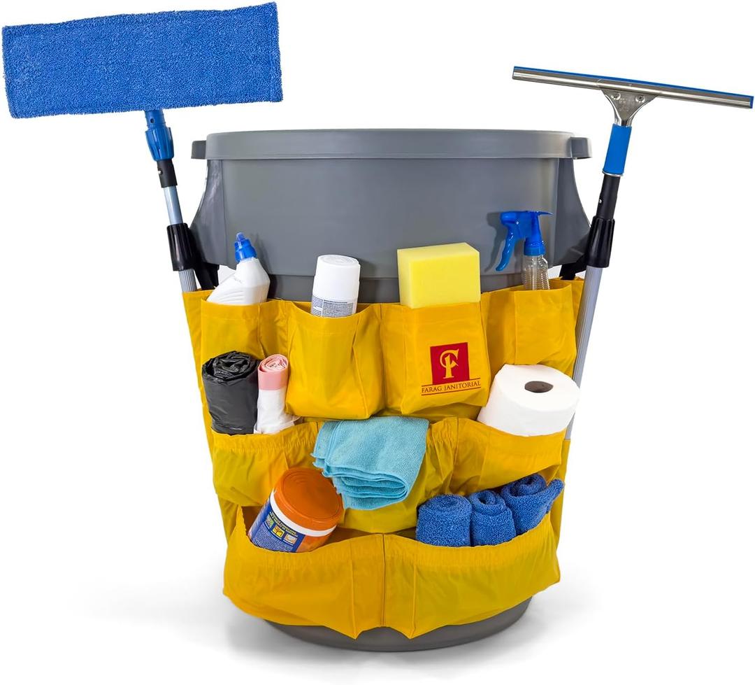 Trash Can Caddy Bag | Fits 32-55 Gallon Can | 12 Pockets | Heavy Duty Vinyl Construction Organizer for Cleaning & Janitorial Duties