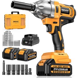 Cordless Impact Wrench 1/2 Inch, Brushless Impact Gun 1200N.m (900ft-lbs) High Torque, 3300RPM w/ 2x 4.0Ah Battery, 6 Sockets/8 Drills/6 Screwdrivers, Power Electric Impact Wrench for Home Car