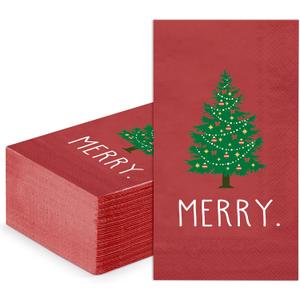 WRAPAHOLIC 50Pcs Christmas Paper Napkins - 3 Ply Merry Xmas Tree Pattern Guest Disposable Hand Towels for Bathroom, Christmas, Holiday, Party Celebration - 4.3 x 7.9 In