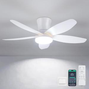 Ceiling Fans with Lights-36 Low Profile Ceiling Fan with Light and Remote/APP Control,Flush Mount,DC Reversible,LED Dimmable Modern Ceiling Fans for Bedroom,Indoor/Outdoor Patio Use(White)