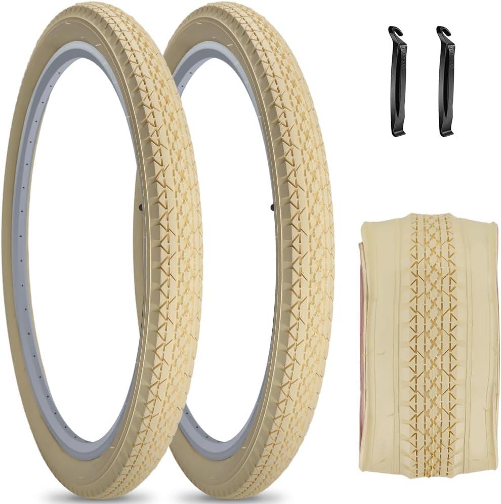 SIMEIQI 1 or 2 Pack 26"x2.125" Beach Cruiser Bike Tires Cream Color with or Without Inner Tubes 26"x1.75"/2.125" Replacement Folding Bicycle Tyres for City Commuter Urban Pavement