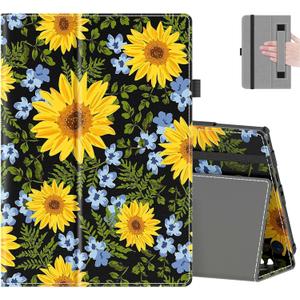 COOWPS Case for All-New Amazon Fire HD 10 Tablet (13th/11th Generation, 2023/2021 Release) 10.1" - Slim Folding Stand Cover with Auto Wake/Sleep, Hand Strap & Stylus Pen Holder, Sunflower