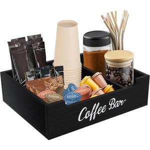 Coffee Pod Bar Station Wooden 14" X 10" X 4" Organizer Box for Countertop, Counter Top Tea Espresso Cup Wood Storage Box, Black