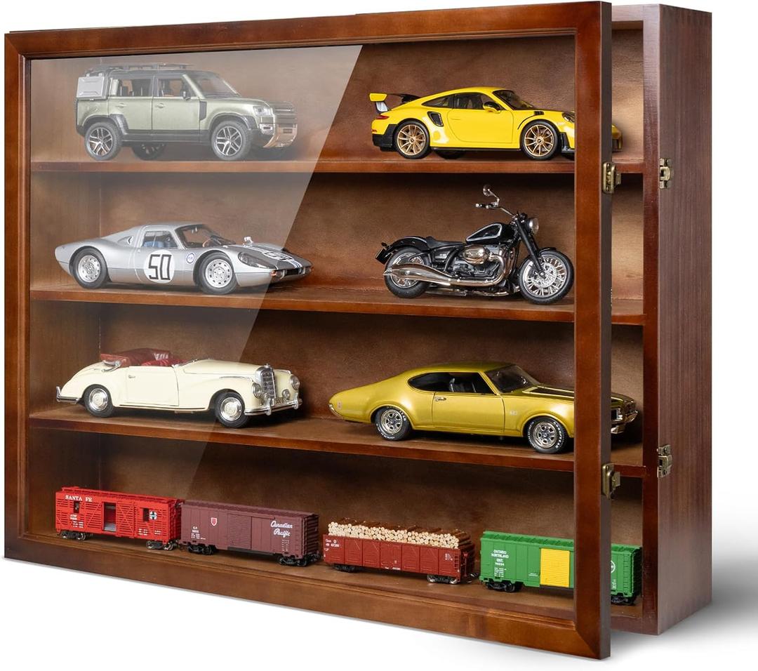 1/18 Scale Diecast Display Case - Wall Mount Clear Model Car Display Case Model Cars Storage Cabinet Rack with Acrylic Door (Cherry, 8 Cars)