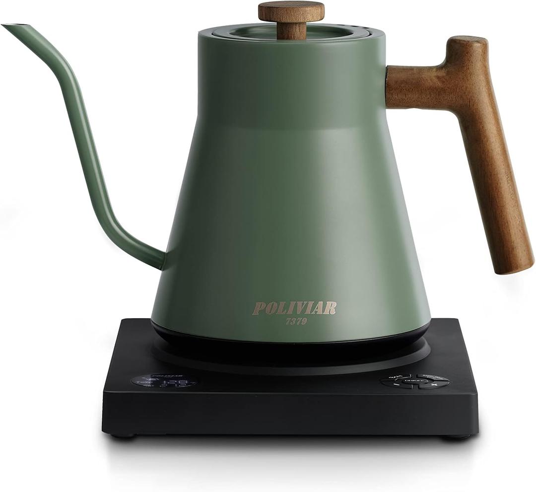 POLIVIAR Electric Gooseneck Kettle, 1200W Electric Tea Kettle Real Wood Handle, 34oz Pour Over Electric Kettle for Coffee & Tea, 18/8 Stainless Steel Inner, Temperature Control & Rapid Heating (Green)
