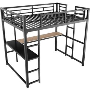 Full Size Loft Bed with Desk and Shelves, Metal Loft Bed with Ladder and Guardrails, Loft Bed Frame for Bedroom, Black