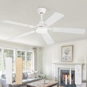 52" Ceiling Fans with Lights, White Modern Ceiling Fan with Remote, bedroom Indoor Ceiling Fan with Dual Finish Blades, Quiet & Strong Motor, Bright LED Light.