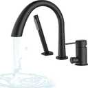 Roman Tub Faucet with Hand Shower Matte Black 3 Hole Deck Mount Bathtub Faucet with Sprayer All Metal High Flow Bathtub Faucet Tub Filler High Arch Spout