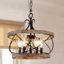 16 Farmhouse Chandelier Light Fixture, 5-Light French Country Wood Chandelier Rustic Drum Light Fixture Over Table for Kitchen Island Dining Room Entryway