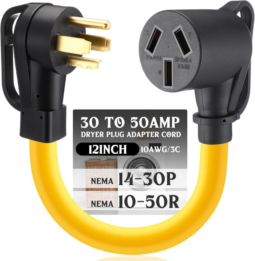 1ft 30amp Dryer Plug Adapter Cord Compatible with Nema 14-30p to 10-50r, 4 Prong Male Plug to 3 Prong Female Receptacle, Adapter for Dryer to Stove Oven Range, STW 10 Awg, Etl Listed